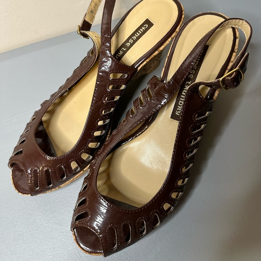 Chinese Laundry heels, brown, size 9 M, adjustable strap, open toe, fun shoe